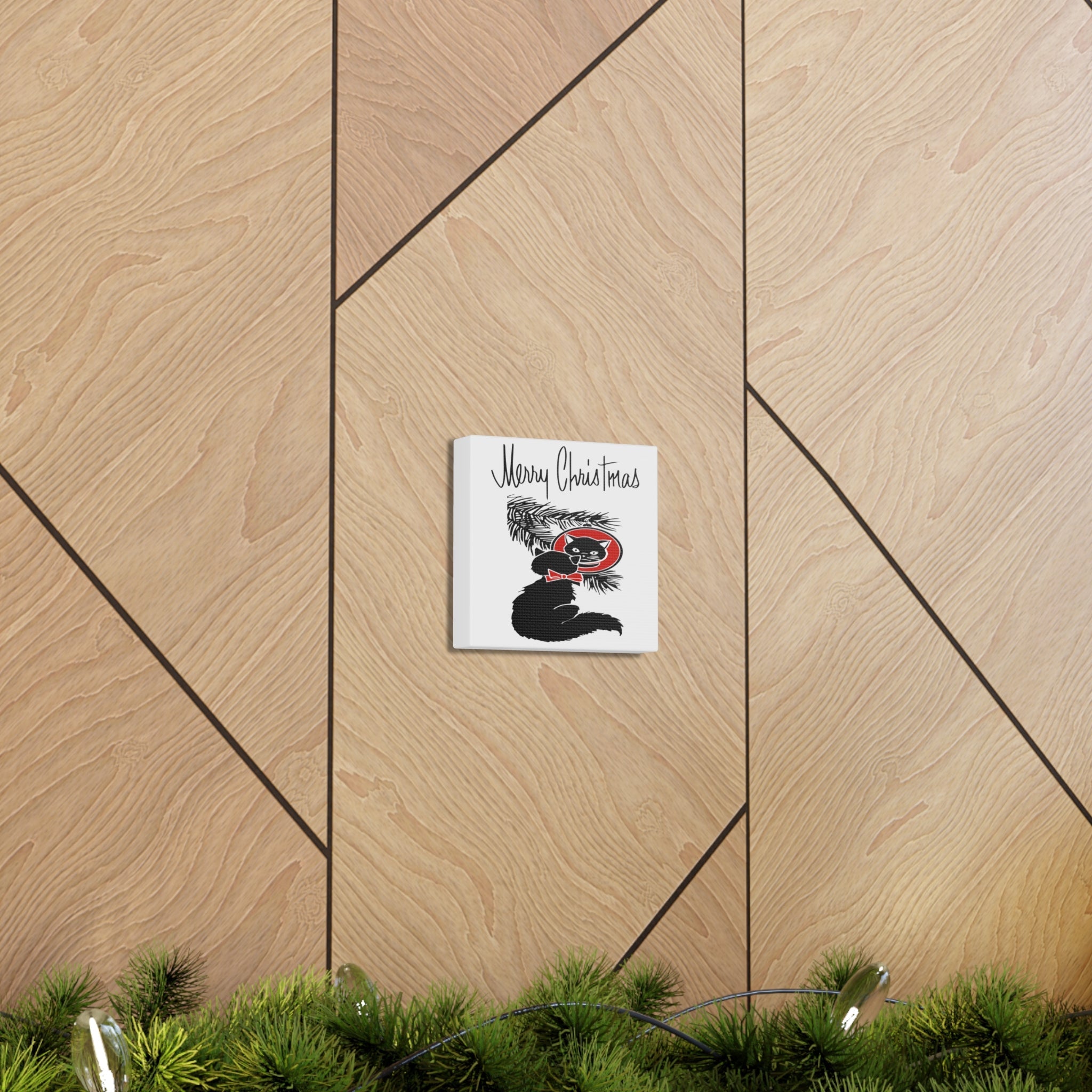 Merry Christmas Black Cat Retro Print Canvas Gallery Wrap