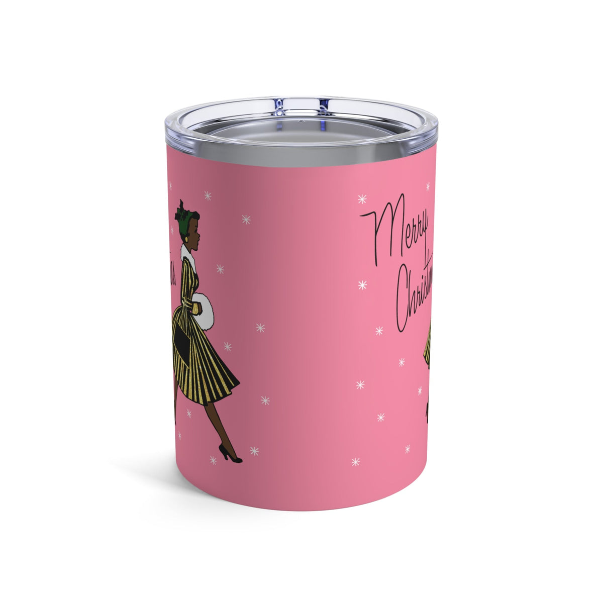 Merry Christmas Lady Retro Pink Christmas Print Stainless Steel Tumbler 10oz
