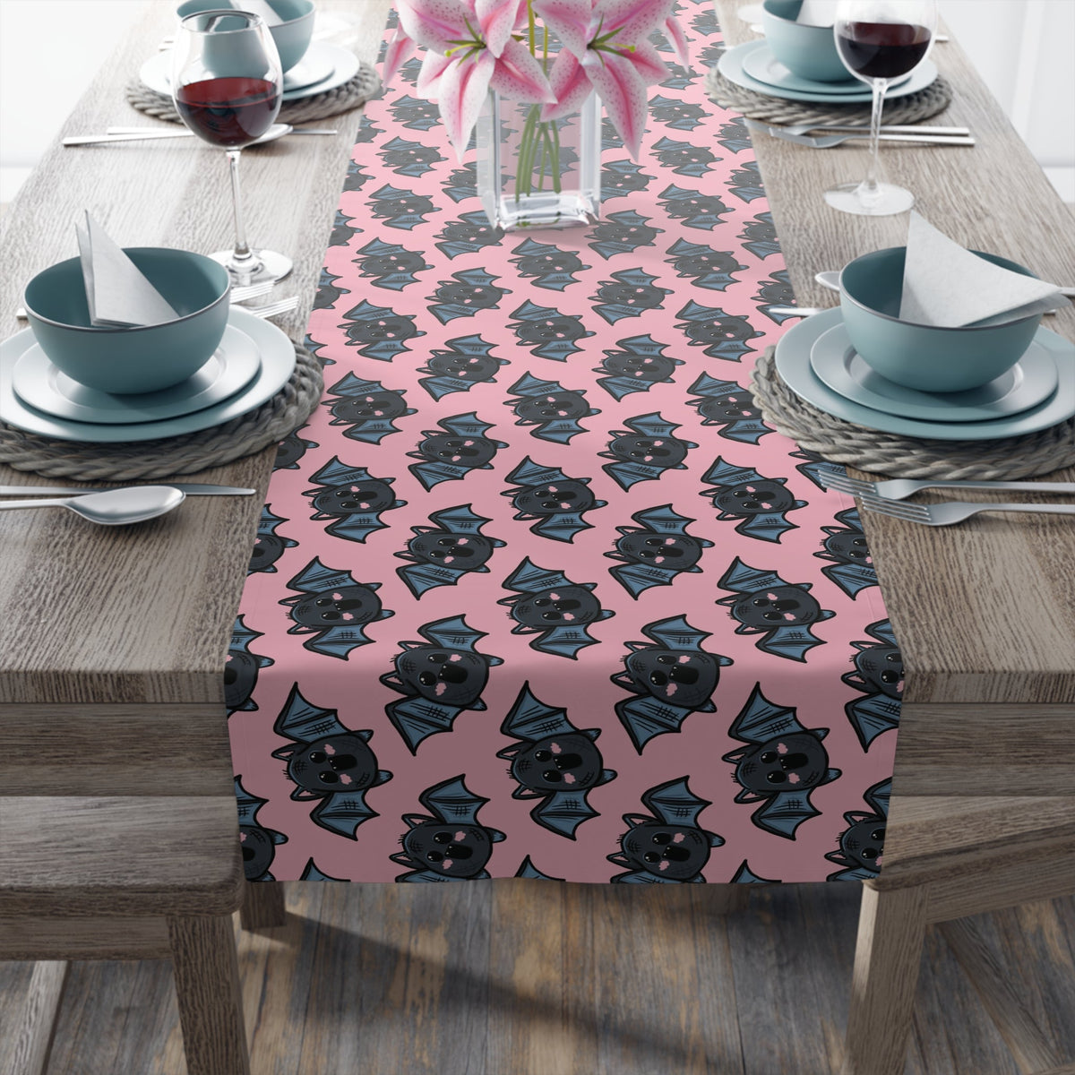 Halloween Bats Pink Fall Autumn Cotton Poly Table Runner