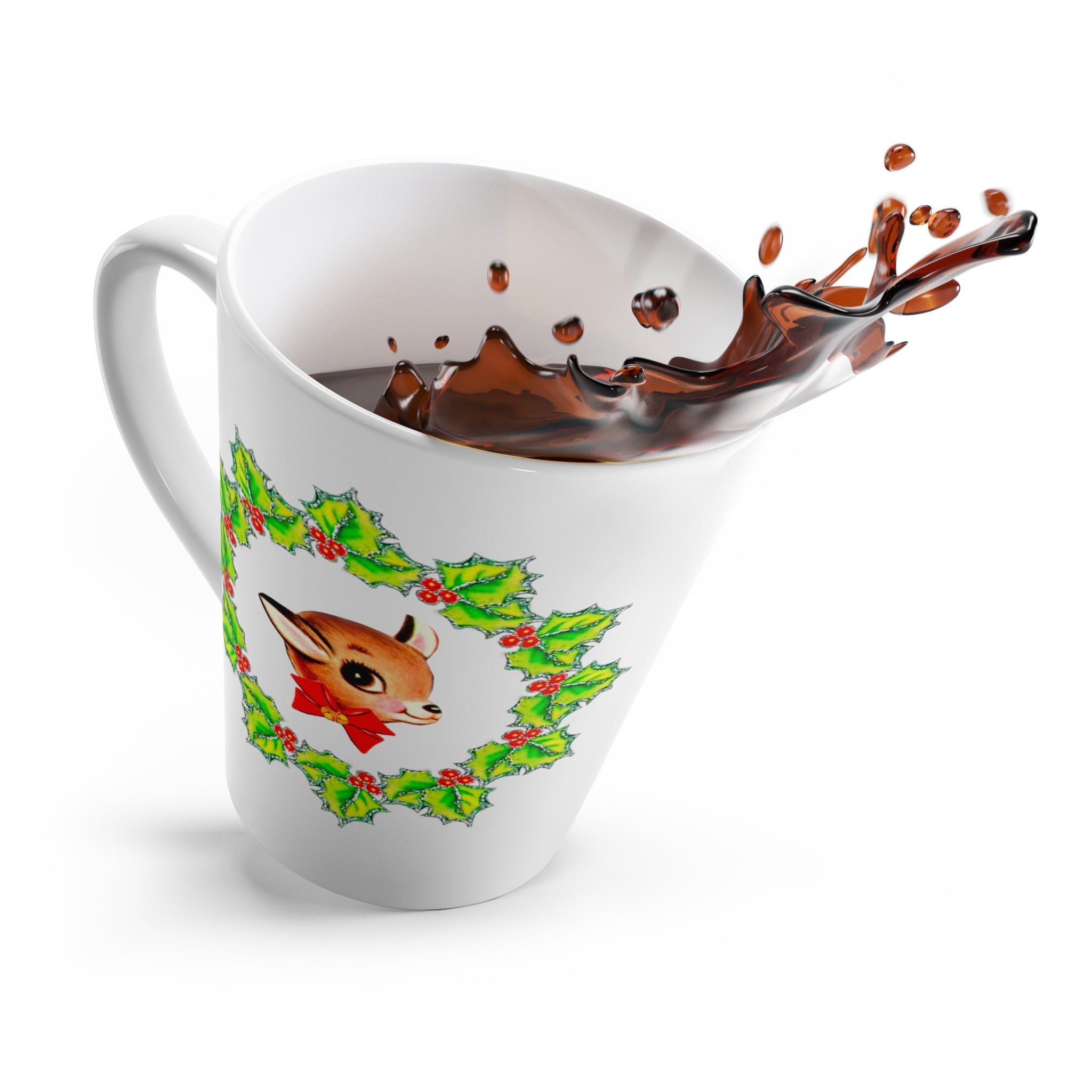 Christmas Reindeer In Holly Berry Wreath Mid Century Retro Christmas Print Latte Mug