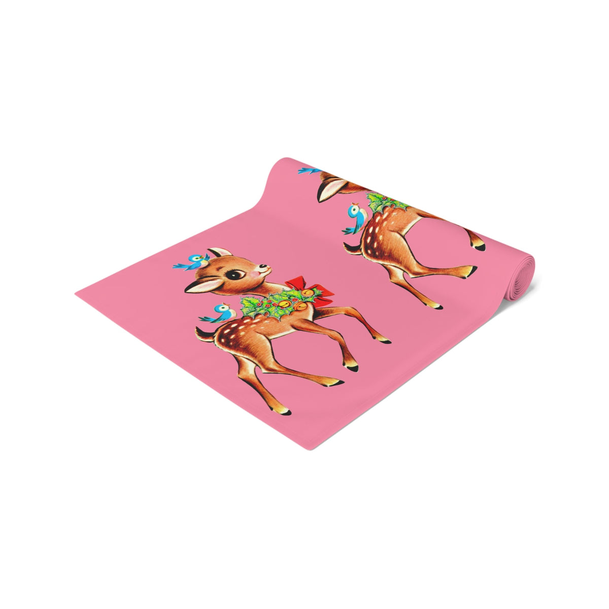 Reindeer With Bluebirds Retro Christmas Pink Polyester Table Runner