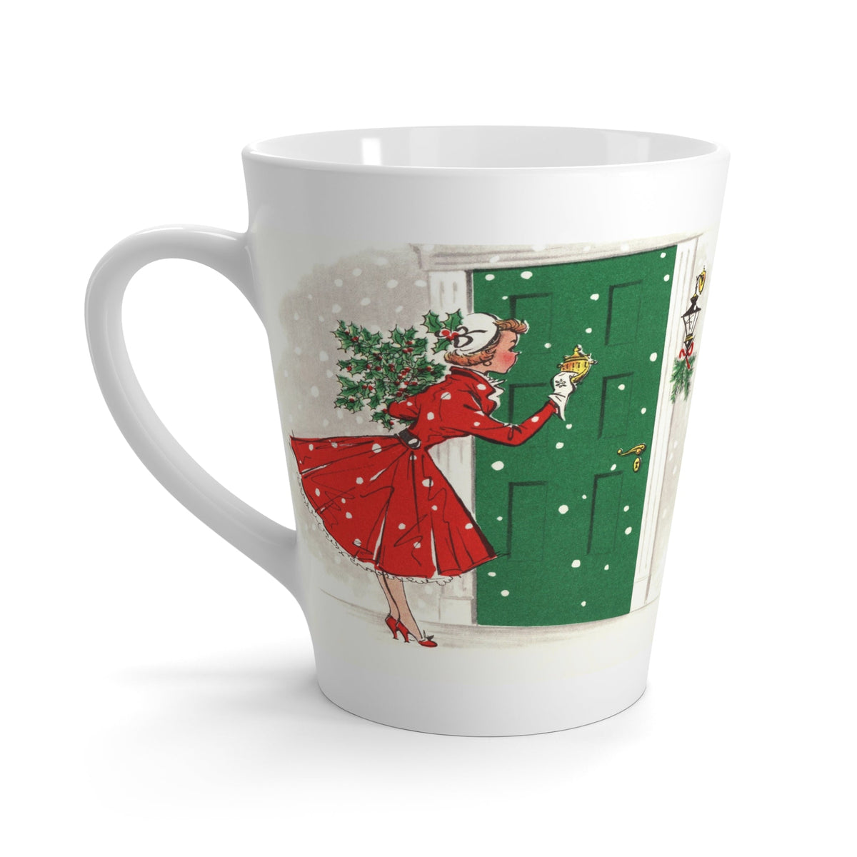 Christmas Lady In Red With Pine Retro Christmas Print Latte Coffee Mug