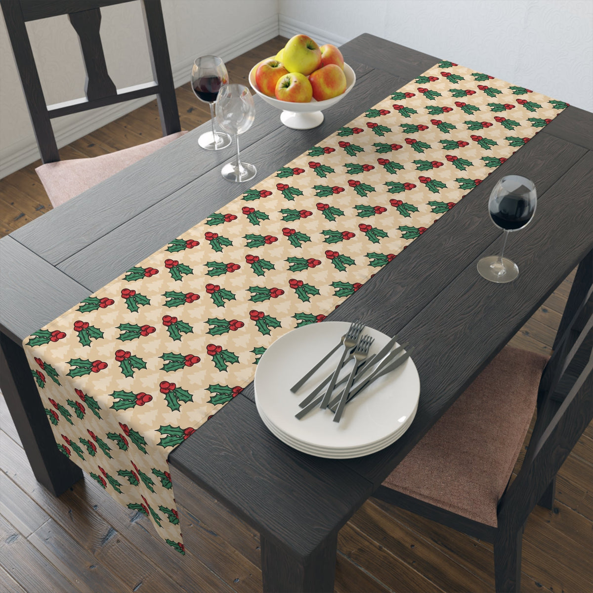 Christmas Holly Trees Polyester Table Runner