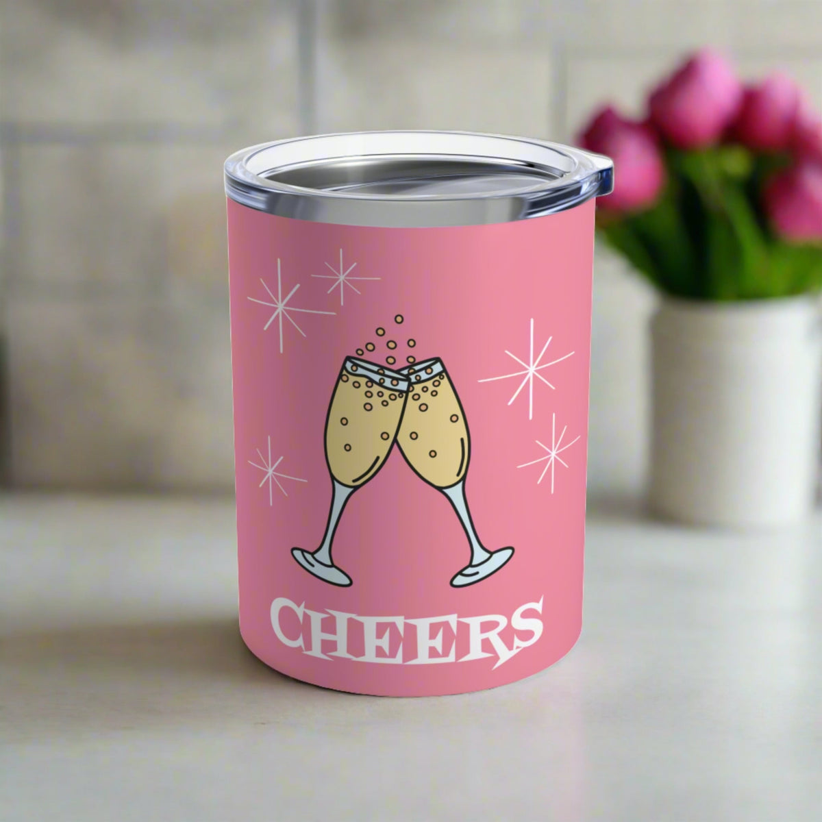 Cheers Pink Tumbler 10oz Stainless Steel Champagne Flutes Atomic Style
