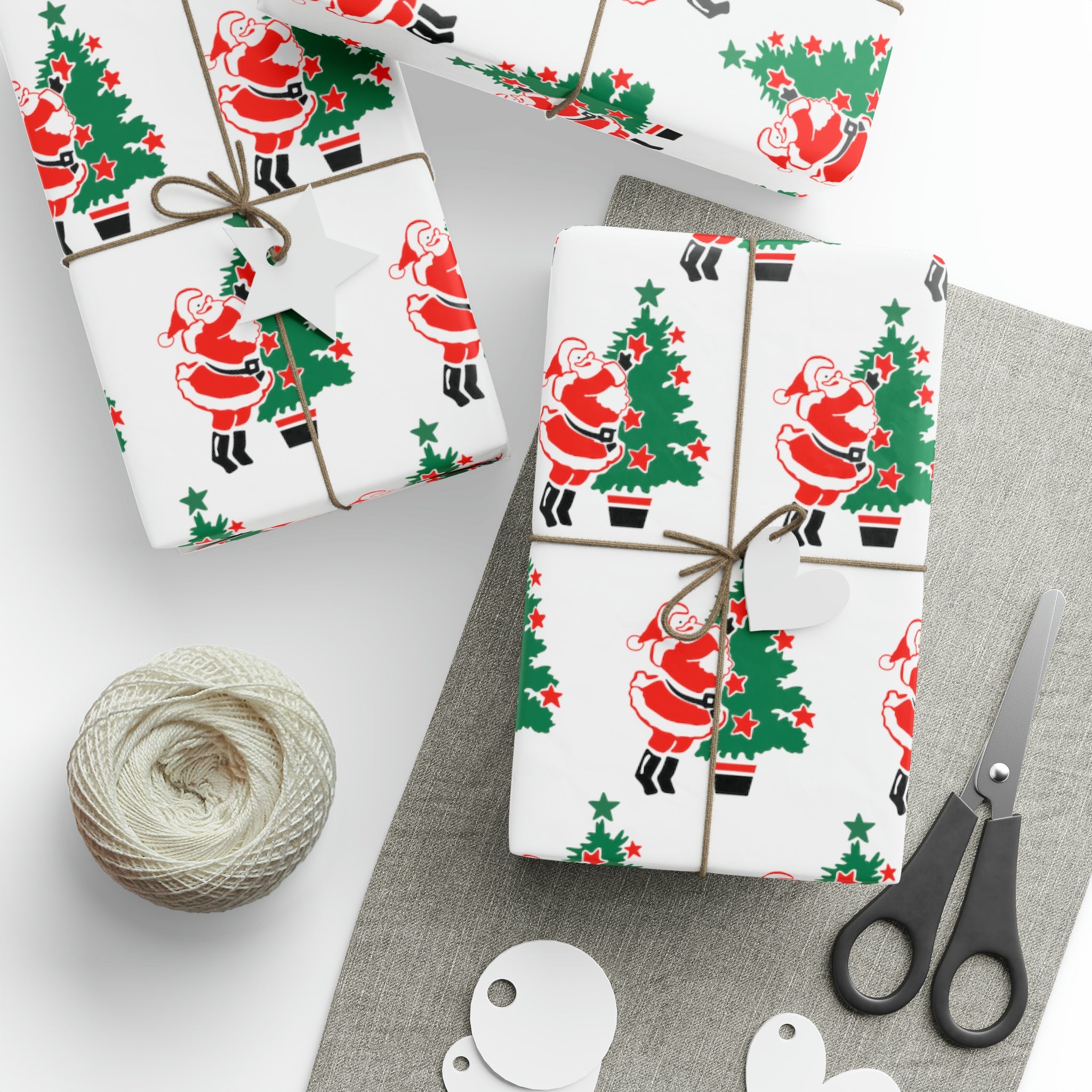 Vintage Santa Decorating Tree Mid Century Retro Christmas Print Holiday Gift Wrap Paper - Glossy Or Matte