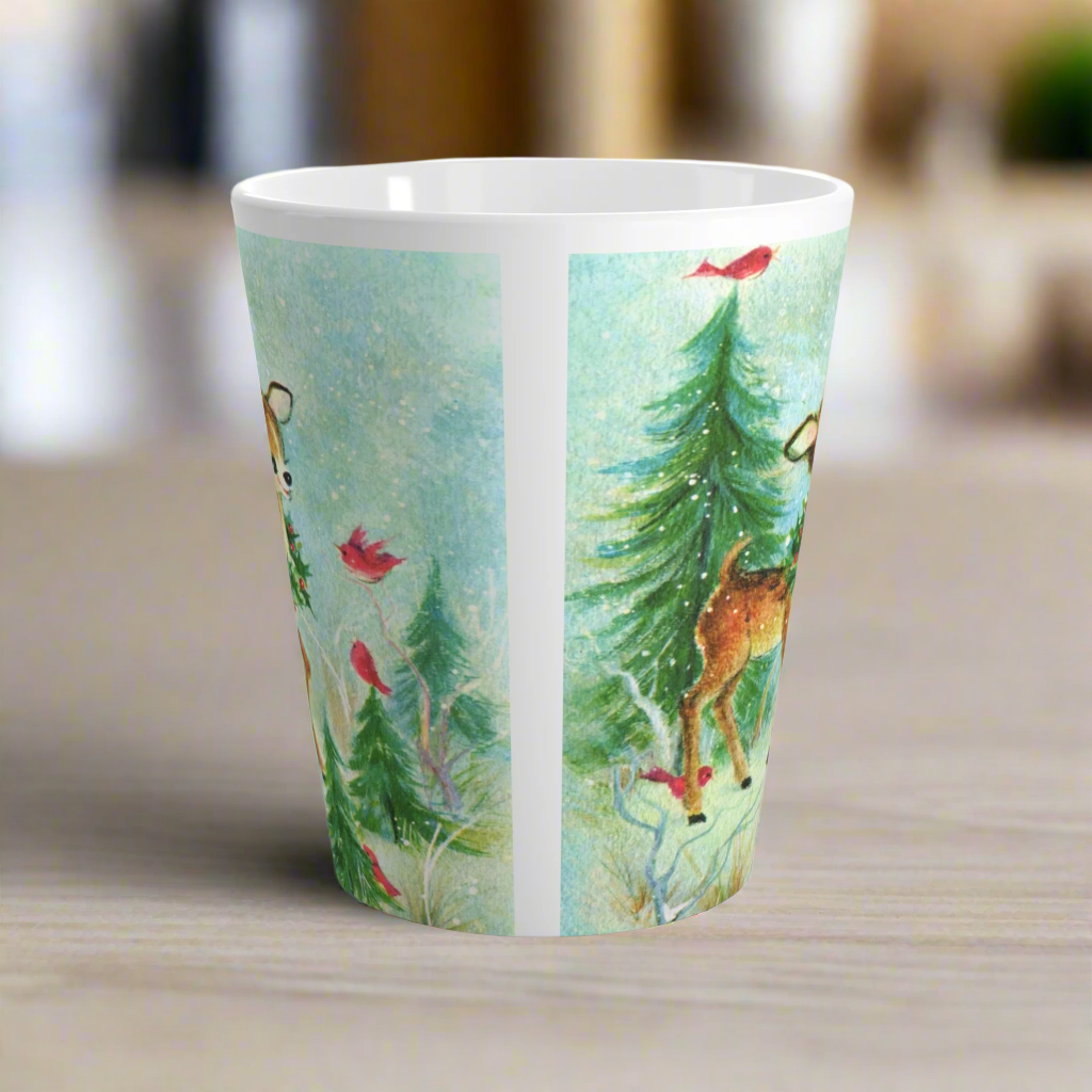 Baby Deer Fawn Red Birds Woodland Retro Christmas Latte Coffee Mug