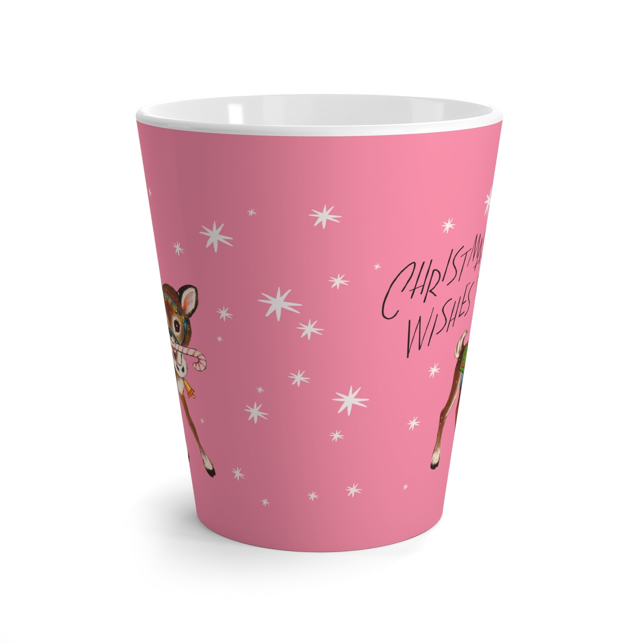 Christmas Wishes Reindeer Stars Pink Mid Century Retro Print Latte Mug