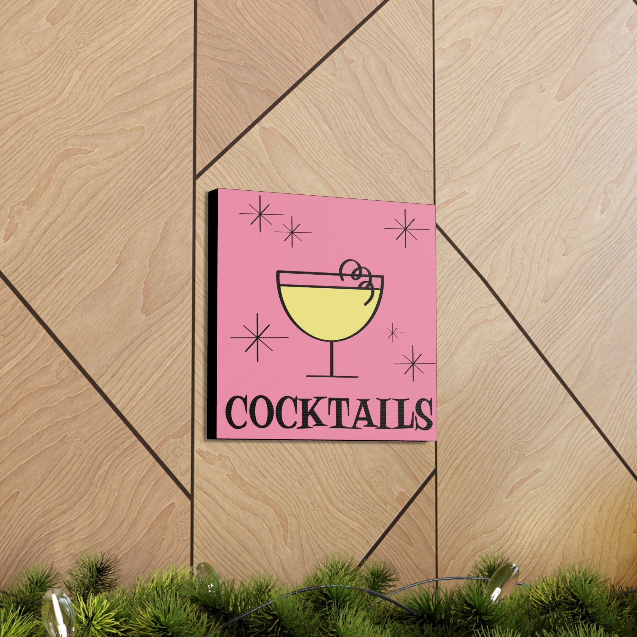 Cocktails Pink Mid Century Retro Design Pink Canvas Gallery Wrap