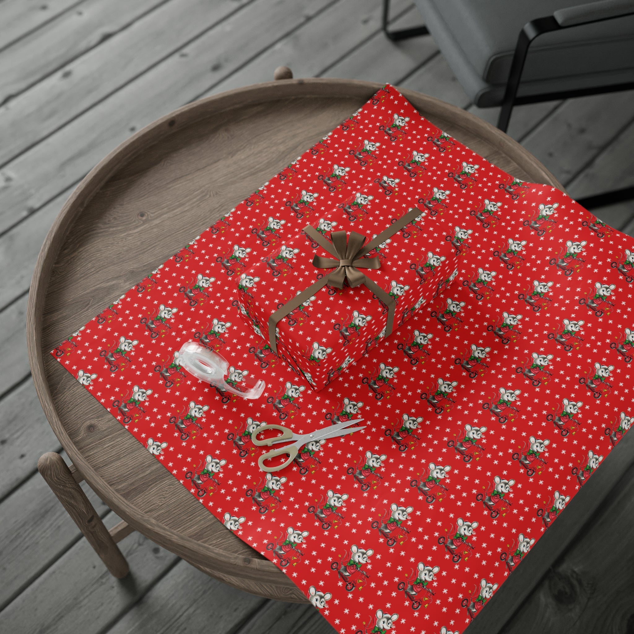 Christmas Mouse On Scooter Stars Red Mid Century Retro Christmas Print Holiday Gift Wrap Paper - Glossy Or Matte