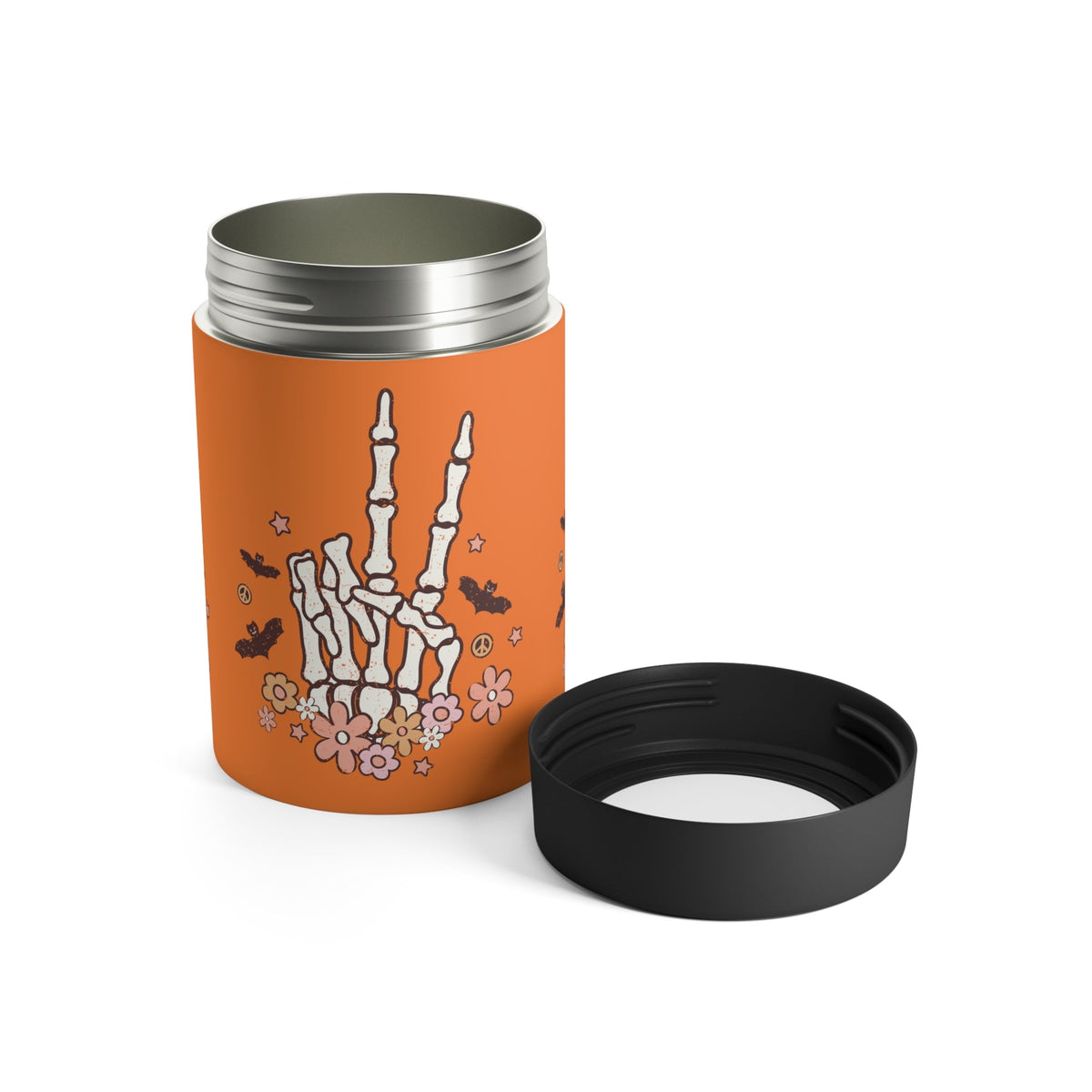 Retro Groovy Halloween Skeleton Peace Sign Stainless Steel Can Holder