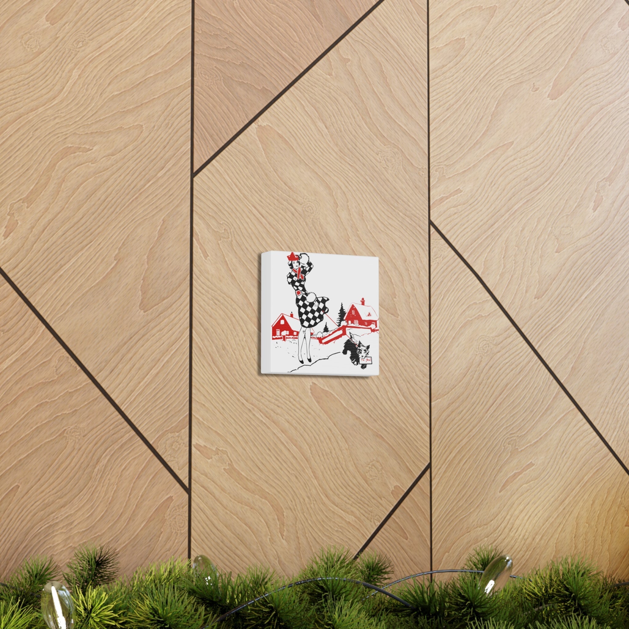 Christmas Lady And Dog Canvas Gallery Wrap - Retro Style