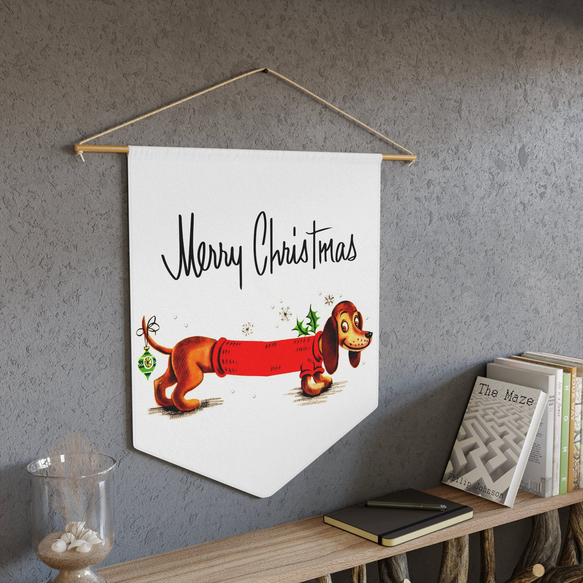 Merry Christmas Cute Christmas Dachshund Wiener Dog Retro Christmas Print Wall Hanging Banner Flag