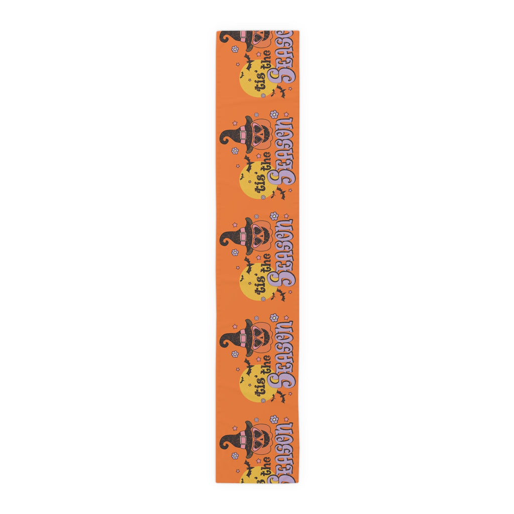 Tis The Season Pumpkin Witch Distressed Halloween Print Fall Autumn Decor Cotton Poly Table Runner