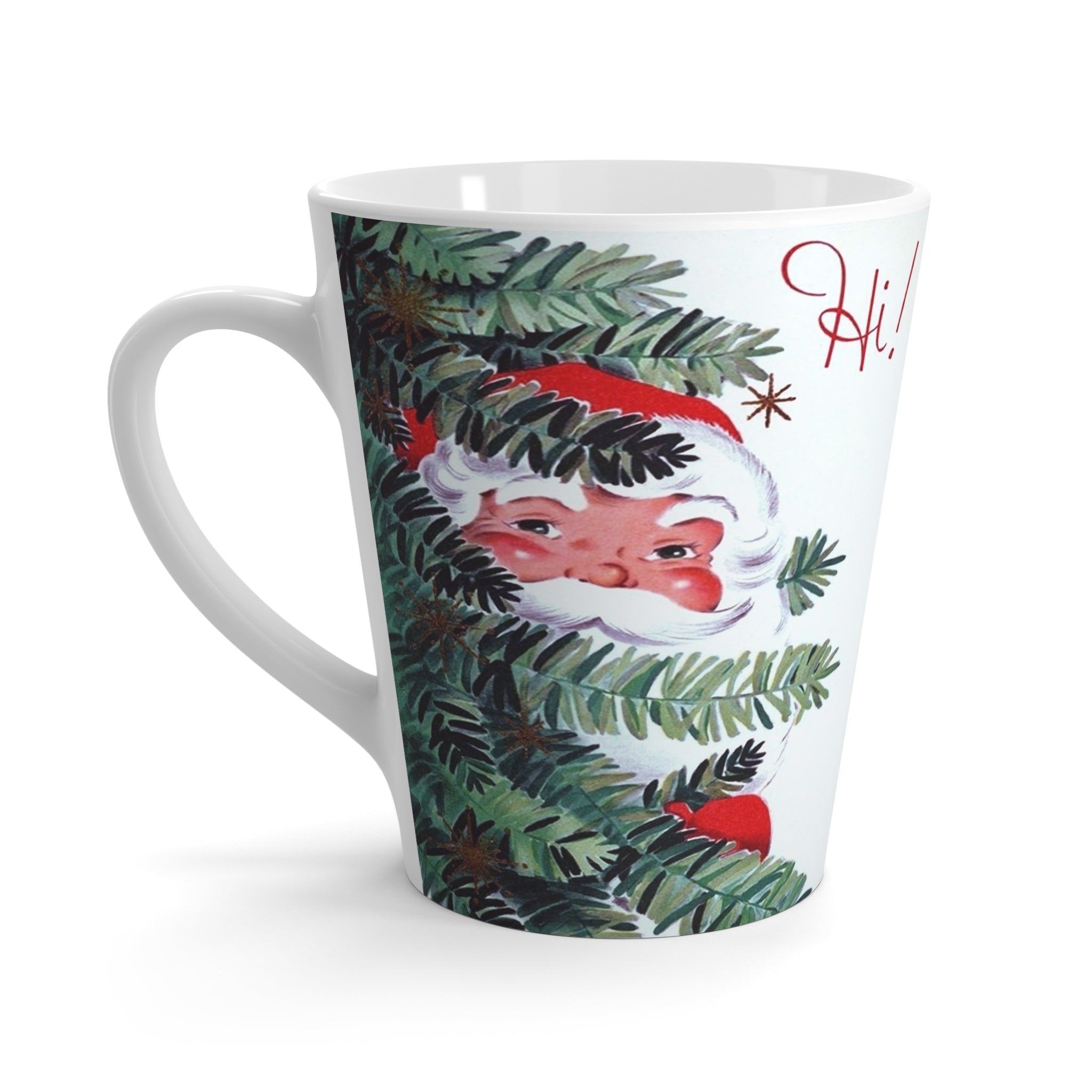 Hi! Santa In Christmas Tree Mid Century Retro Christmas Print Latte Coffee Mug