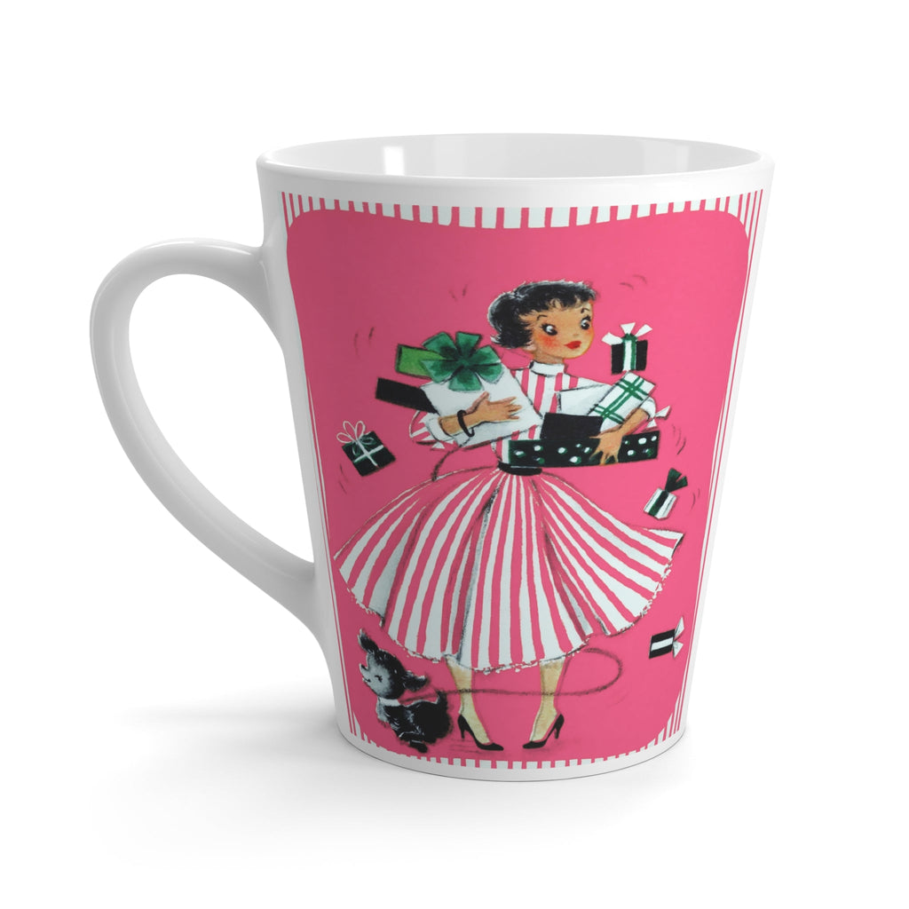 Lady With Presents Cute Dog Pink Christmas Retro Print Latte Coffee Mug