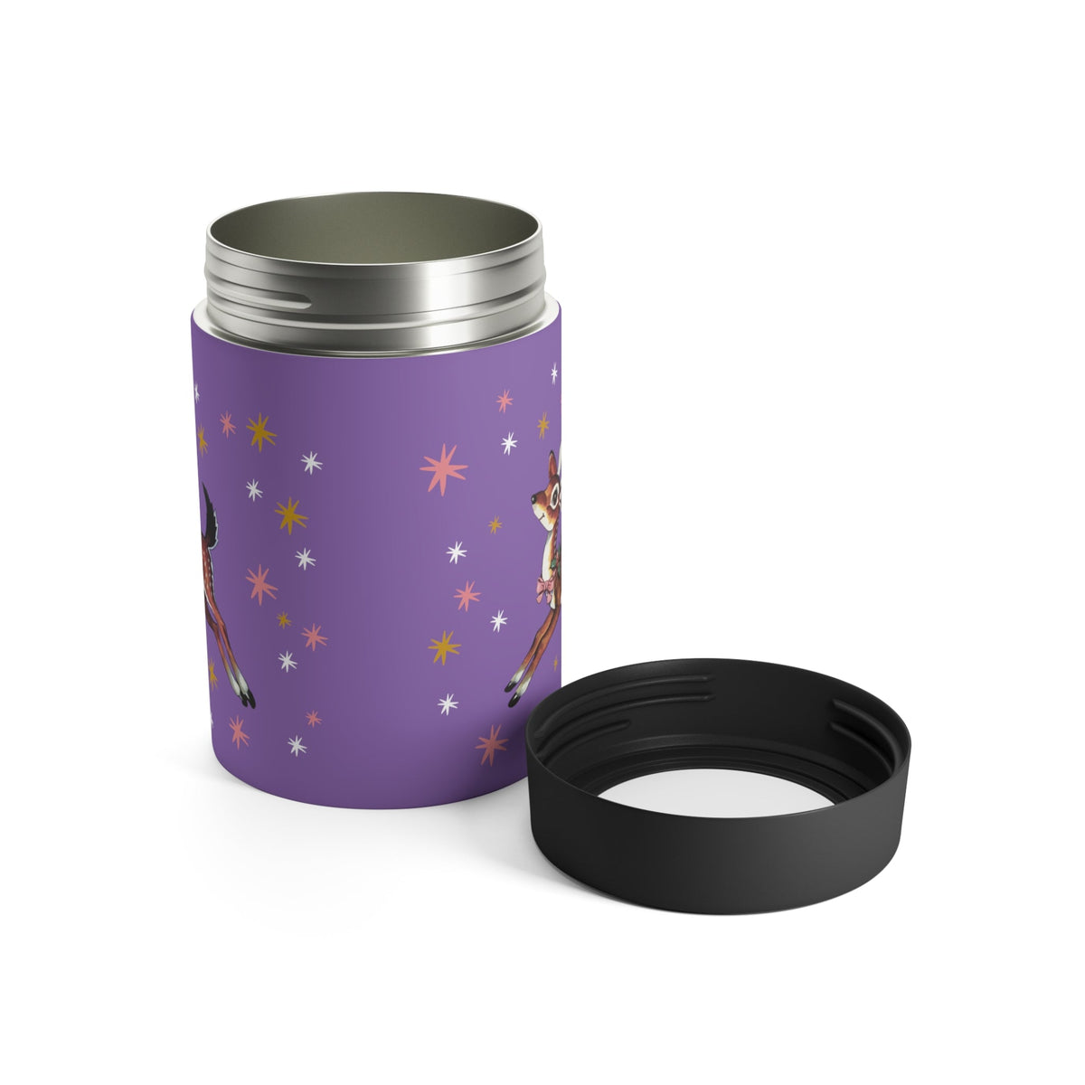 Reindeer Stars Mid Century Purple Retro Christmas Print Stainless Steel Can Holder