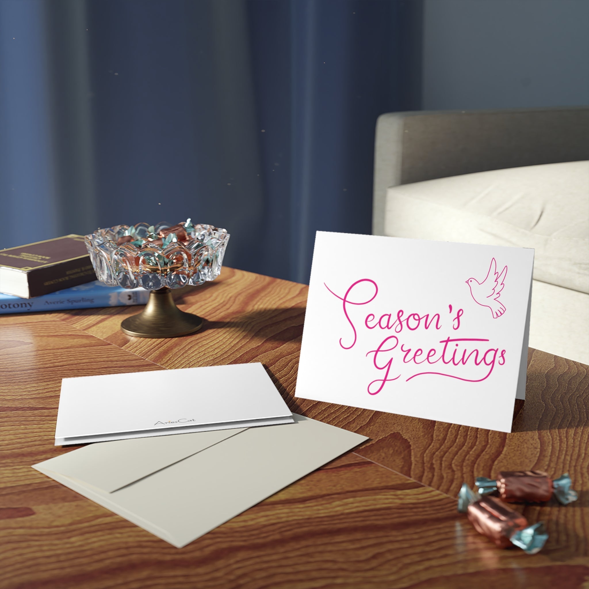Season's Greetings Dove Pink Retro Christmas Style Matte Greeting Cards (8, 16, and 24 pcs)