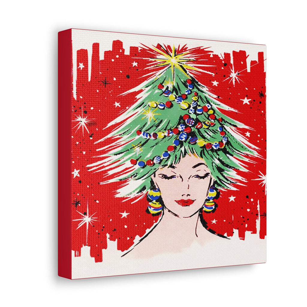 Christmas Tree Hat Lady 50s Mid Century Retro Christmas Print Canvas Gallery Wrap