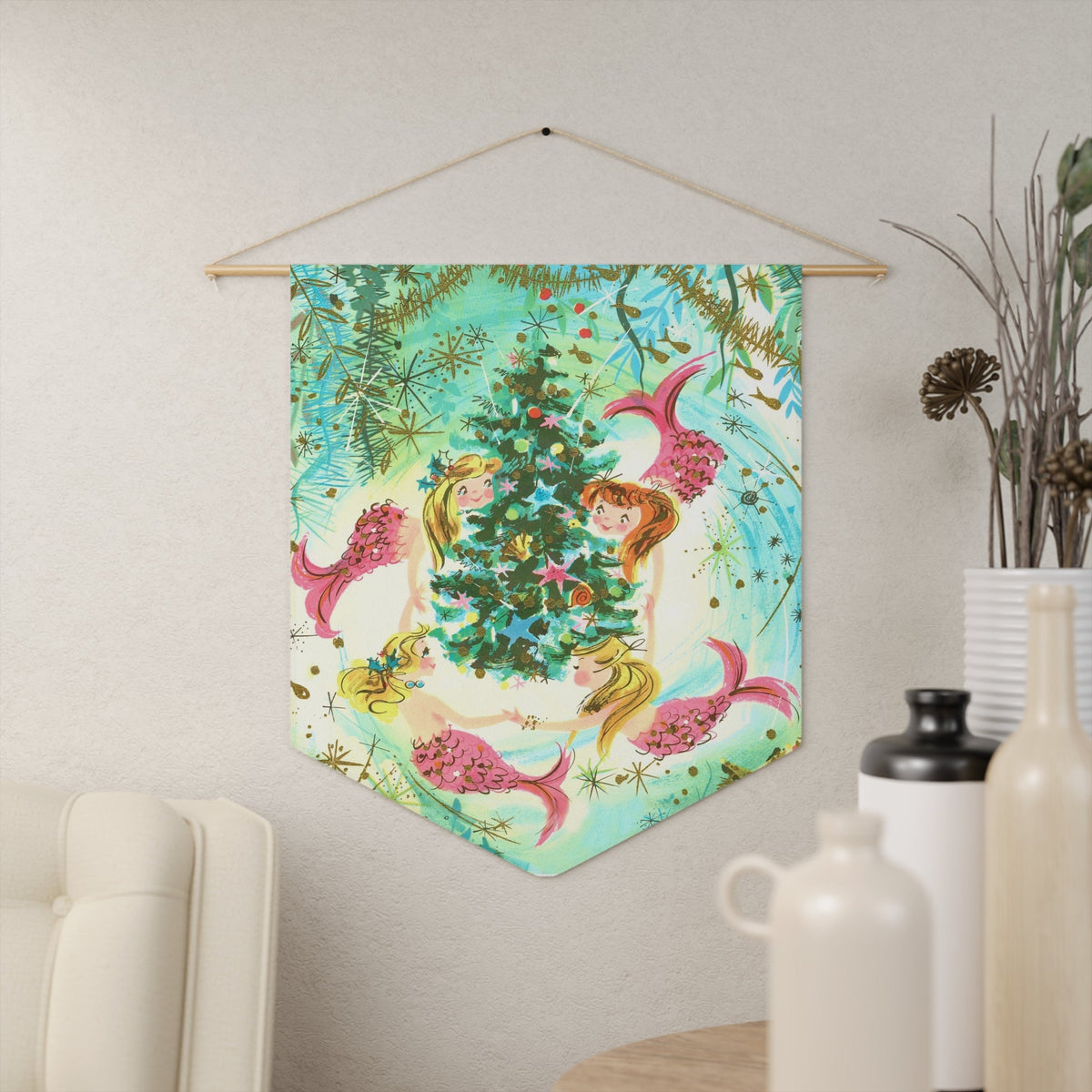 Mermaids Around Christmas Tree Retro Christmas Print Wall Hanging Banner Flag