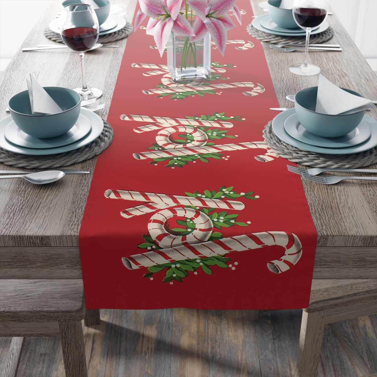 Joy Candy Canes Retro Christmas Table Runner Polyester Fabric Linen Cloth Unique Cozy Cute Midcentury Vintage Dining Kitchen Decor