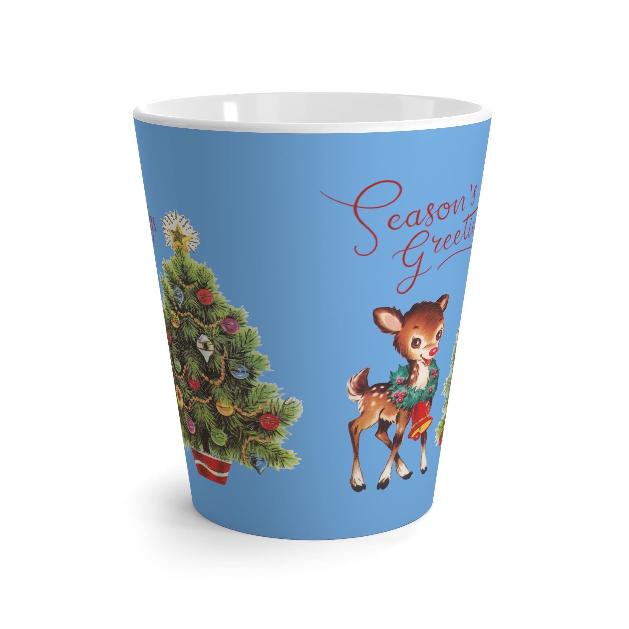 Reindeer Season's Greetings Blue Mid Century Retro Christmas Print Latte Mug