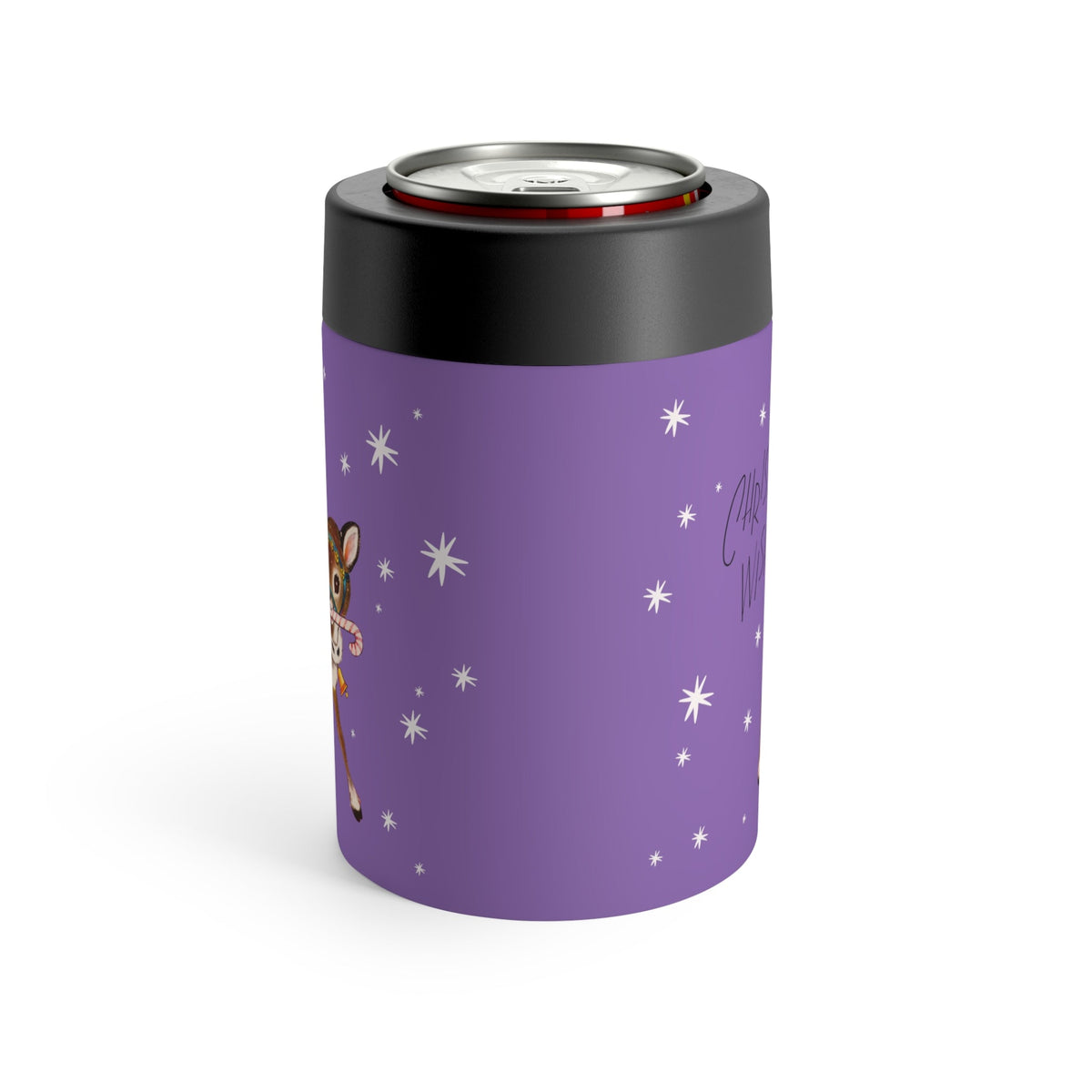 Christmas Wishes Reindeer Stars Purple Mid Century Retro Christmas Print Stainless Steel Can Holder