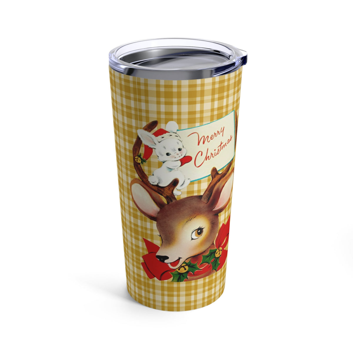 Merry Christmas Reindeer Bunny Yellow Plaid Retro Mid Century Christmas Style Stainless Steel Tumbler 20oz