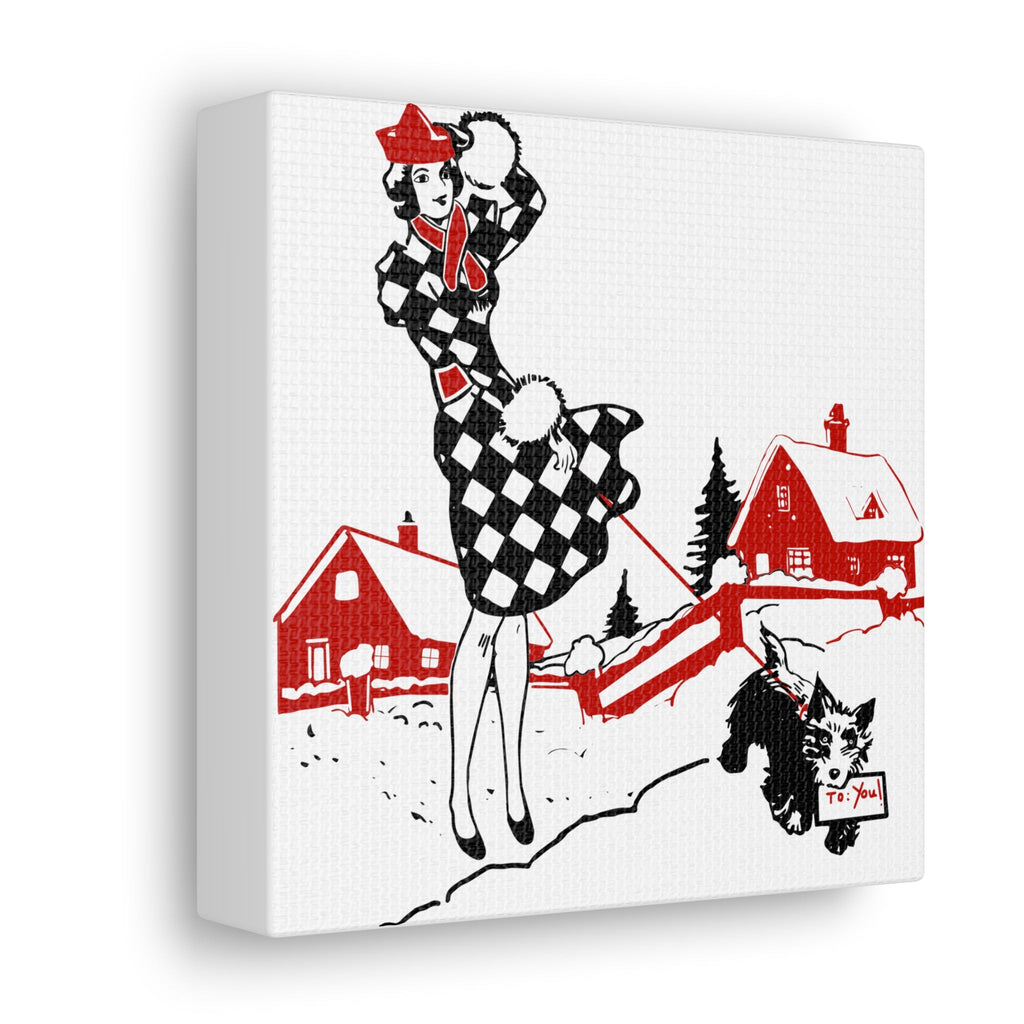 Christmas Lady And Dog Canvas Gallery Wrap - Retro Style