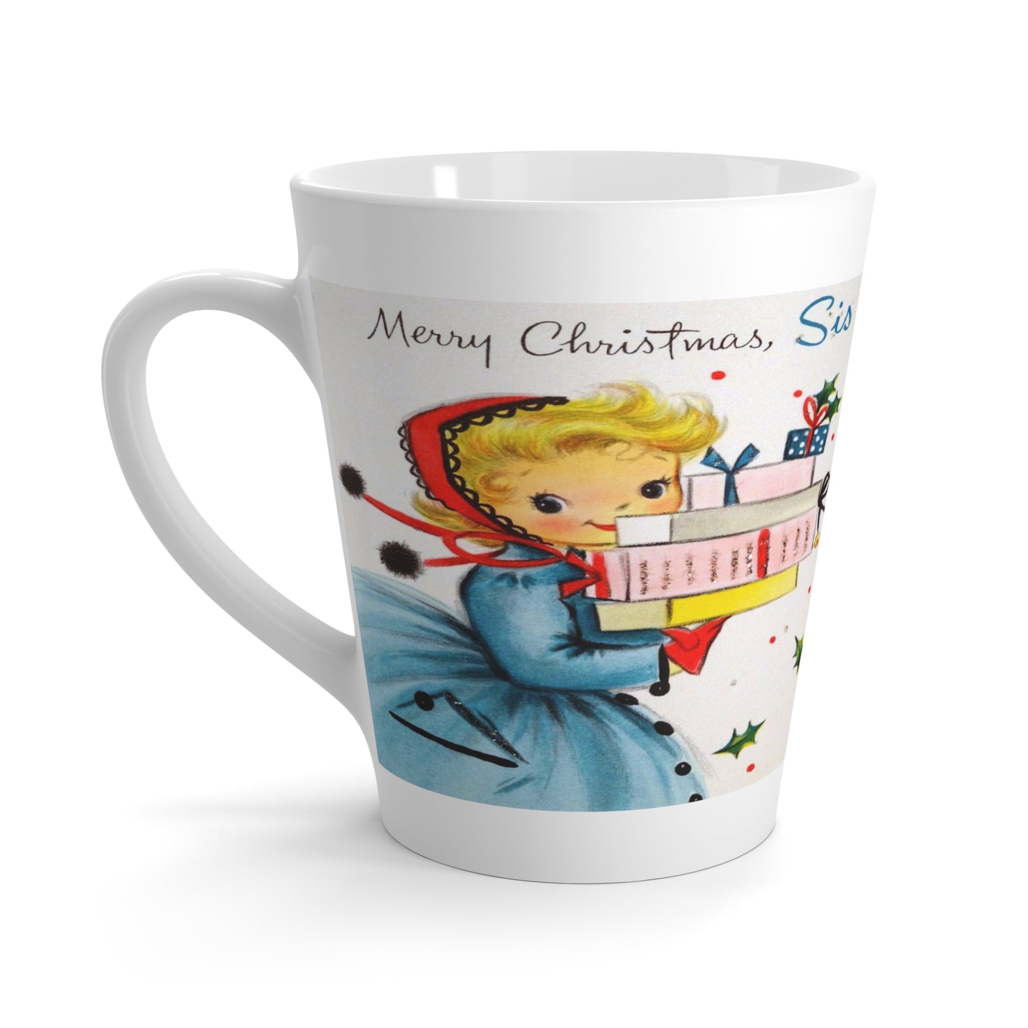 Merry Christmas Sis Christmas Lady Holding Presents Mid Century Retro Christmas Print Latte Coffee Mug