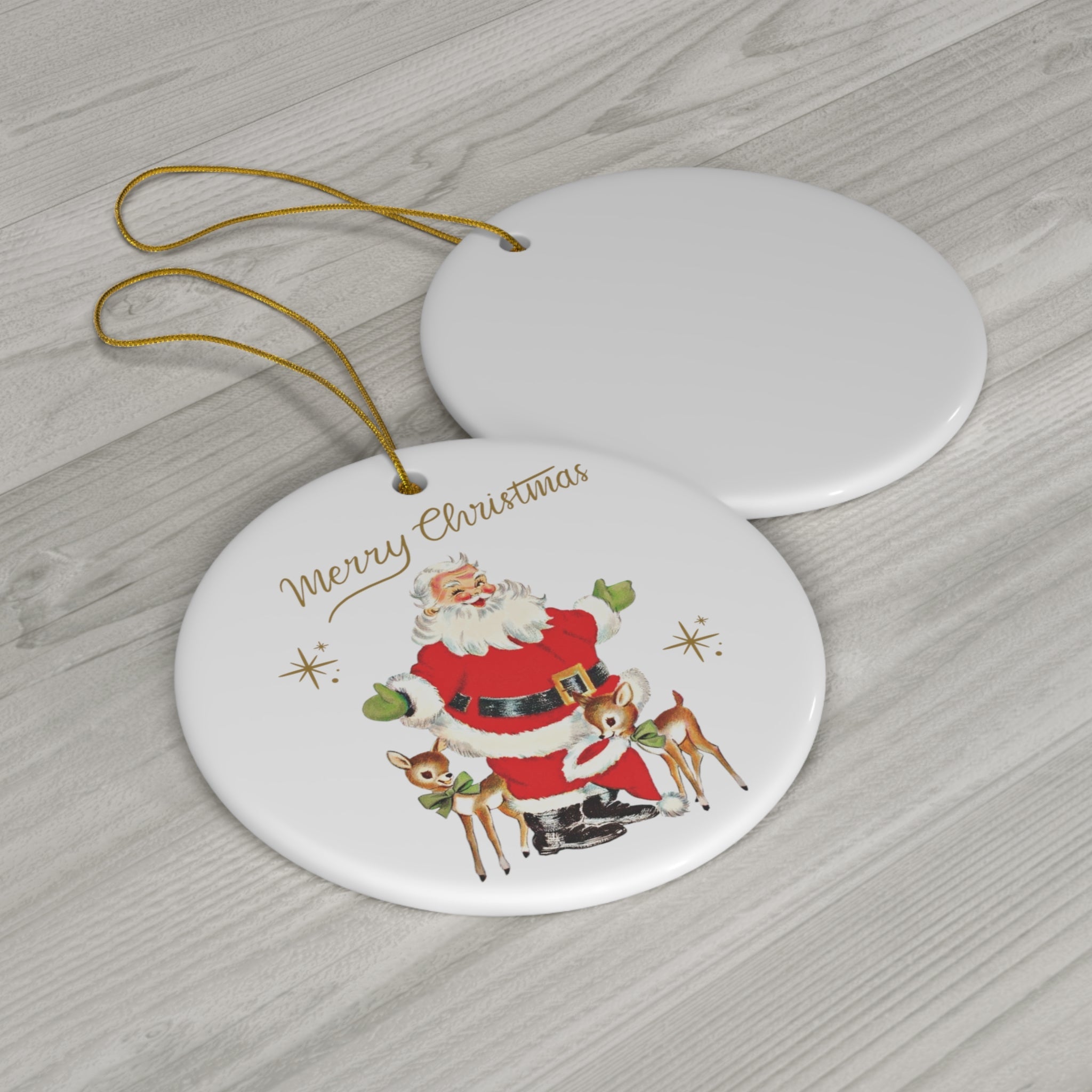 Merry Christmas Santa With Reindeer Gold Stars Mid Century Retro Christmas Print Ceramic Ornament