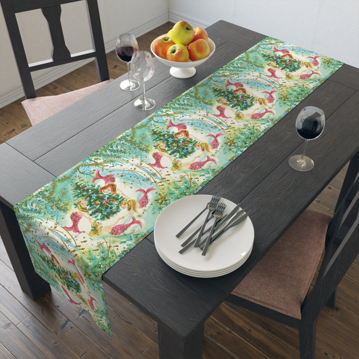 Mermaids Under The Sea Around The Christmas Tree Retro Polyester Table Runner