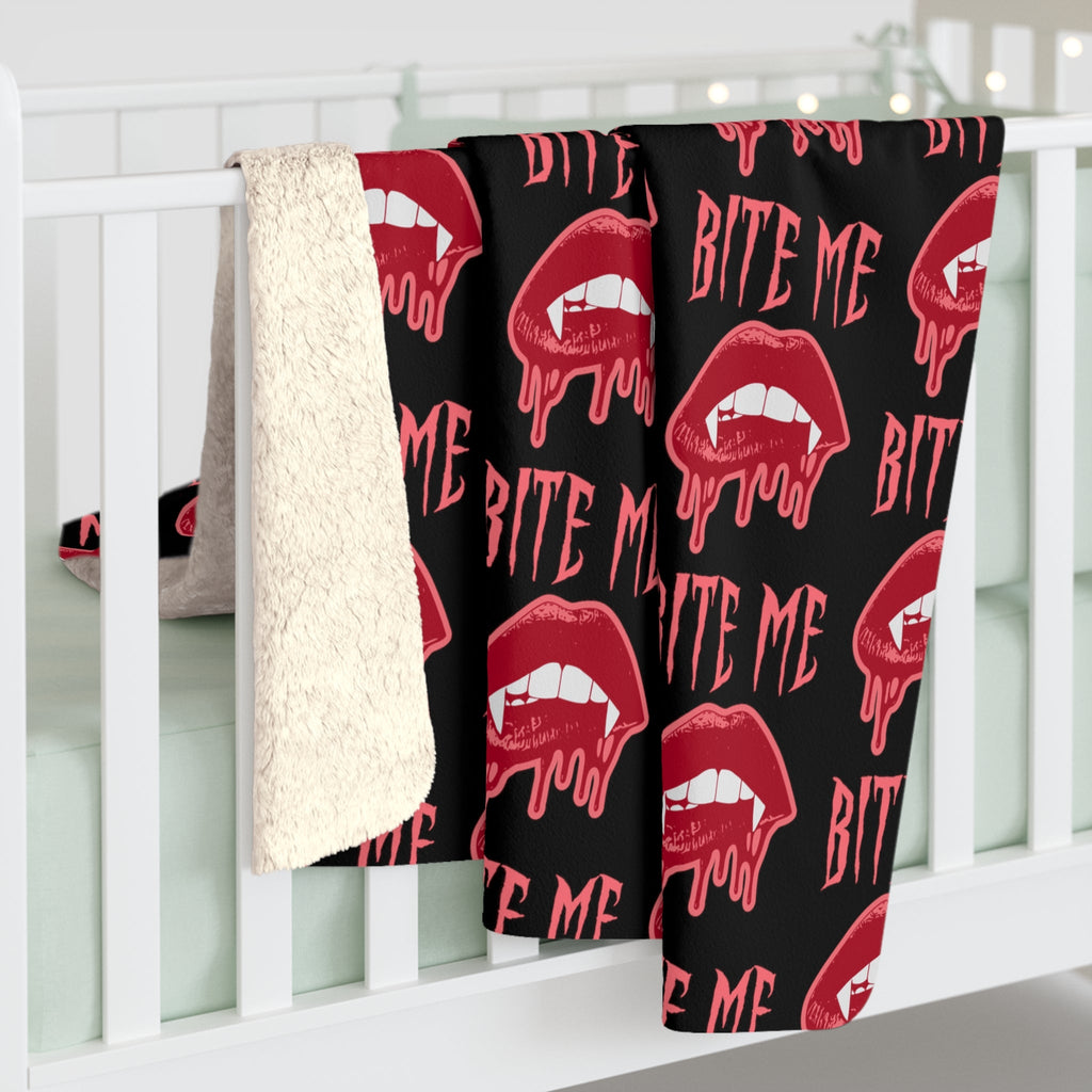 Bite Me Vampire Fangs Halloween Fall Autumn Sherpa Fleece Blanket