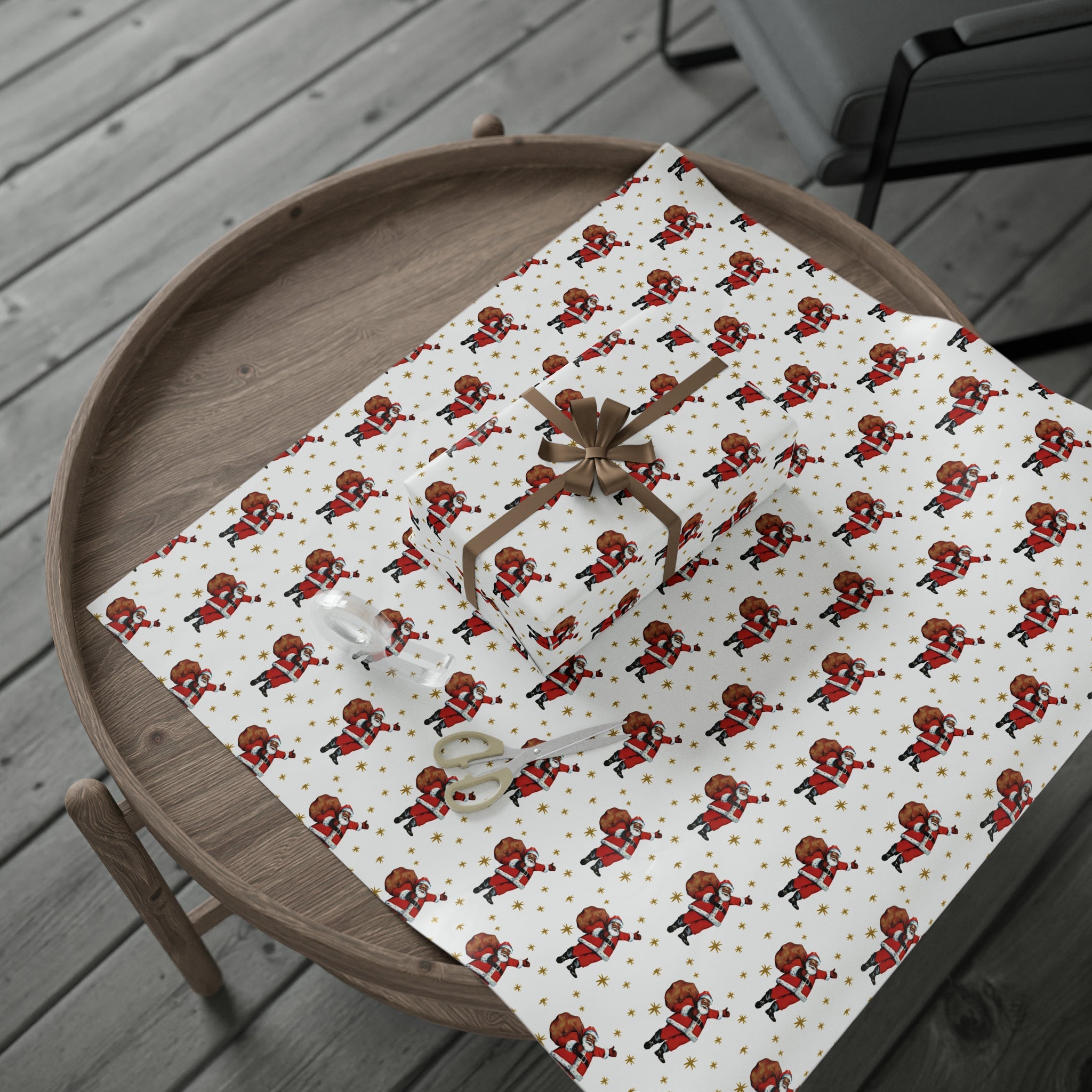 Santa Gold Stars Mid Century Retro Christmas Print Holiday Gift Wrap Paper - Glossy Or Matte