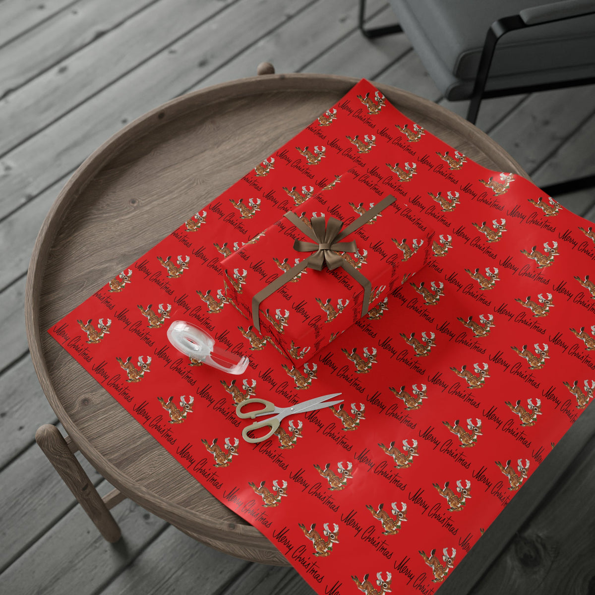 Merry Christmas Leaping Reindeer Red Mid Century Retro Christmas Print Holiday Gift Wrap Paper - Glossy Or Matte