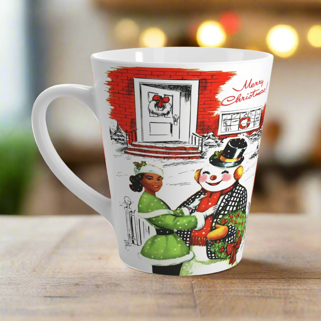 Merry Christmas Lady With Snowman Retro Latte Coffee Mug