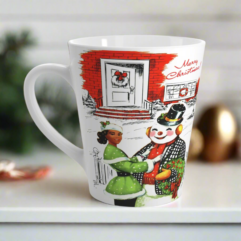 Merry Christmas Lady With Snowman Retro Latte Coffee Mug