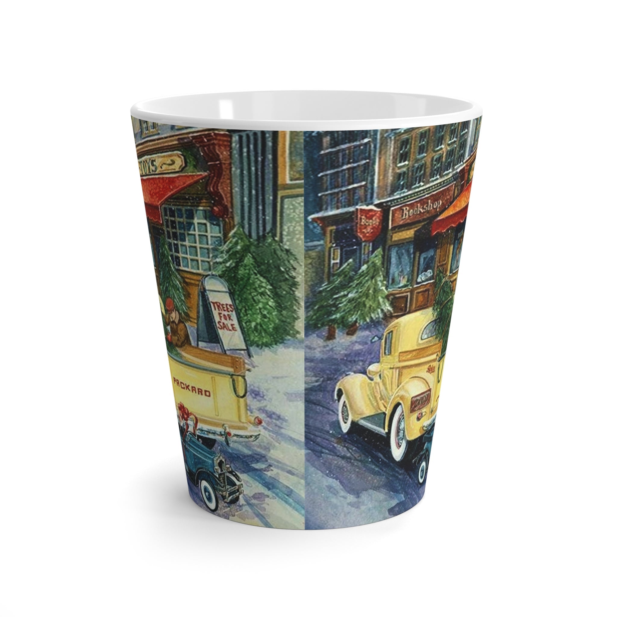Yellow Christmas Truck In Front Of Town Toystore Retro Christmas Print Latte Coffee Mug
