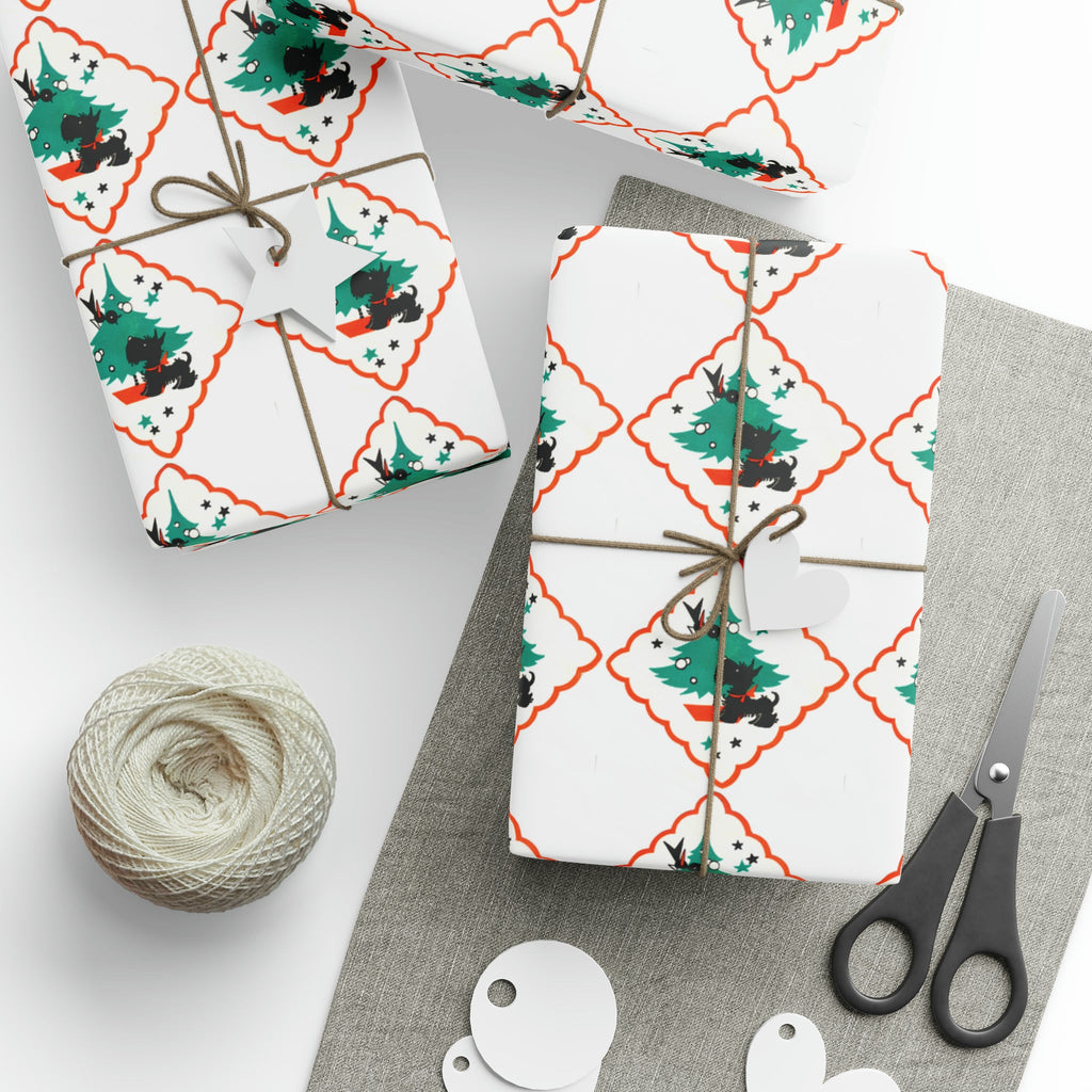Christmas Scottie Blackbird Tree Mid Century Retro Christmas Print Holiday Gift Wrap Paper - Glossy Or Matte
