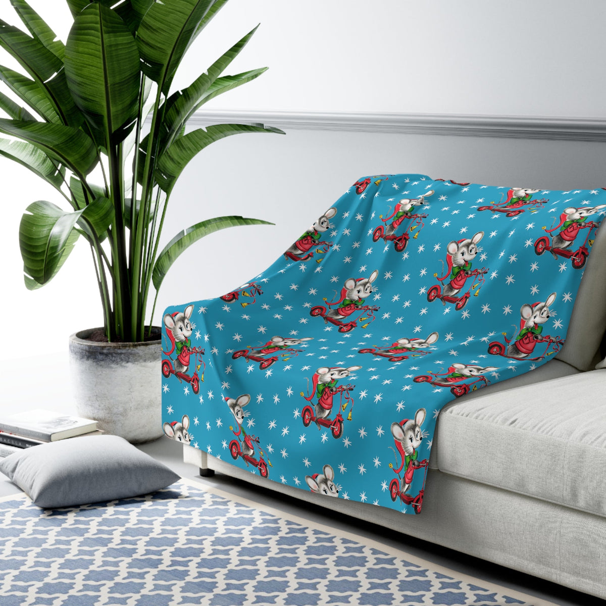 Christmas Mouse On Scooter Stars Blue Mid Century Retro Style Christmas Sherpa Fleece Blanket