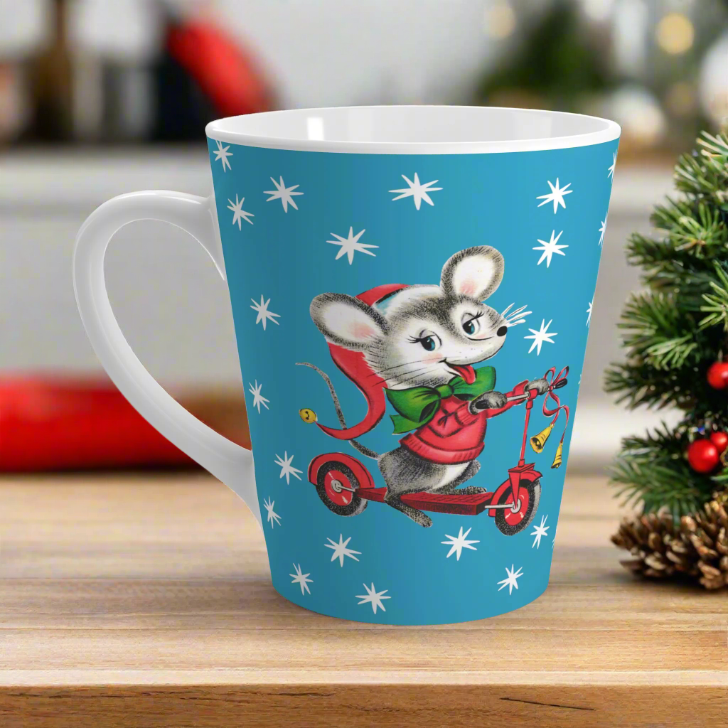 Christmas Mouse On Scooter Stars Blue Mid Century Retro Christmas Print Latte Coffee Mug