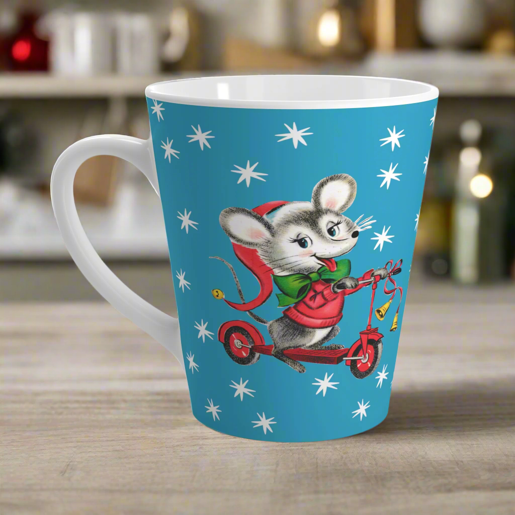 Christmas Mouse On Scooter Stars Blue Mid Century Retro Christmas Print Latte Coffee Mug