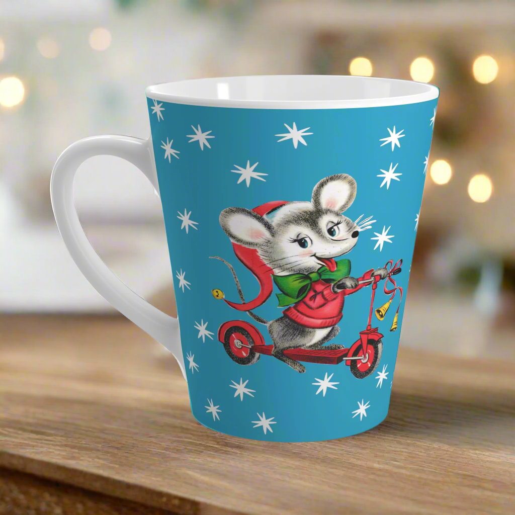 Christmas Mouse On Scooter Stars Blue Mid Century Retro Christmas Print Latte Coffee Mug