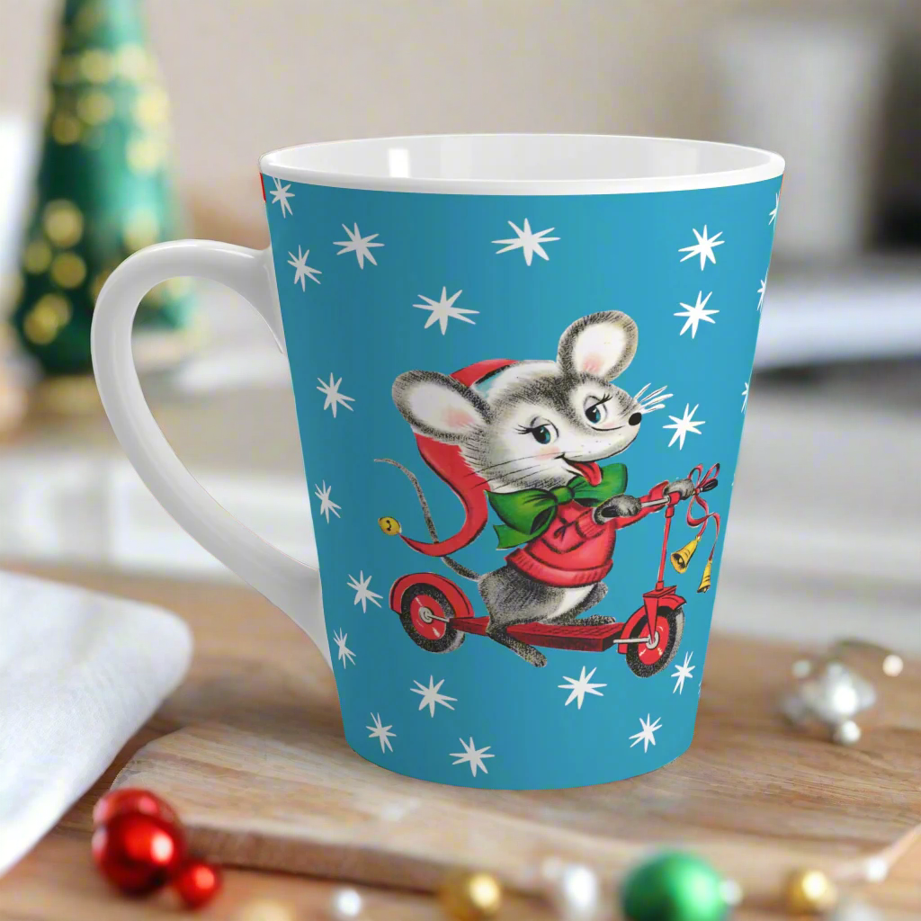 Christmas Mouse On Scooter Stars Blue Mid Century Retro Christmas Print Latte Coffee Mug