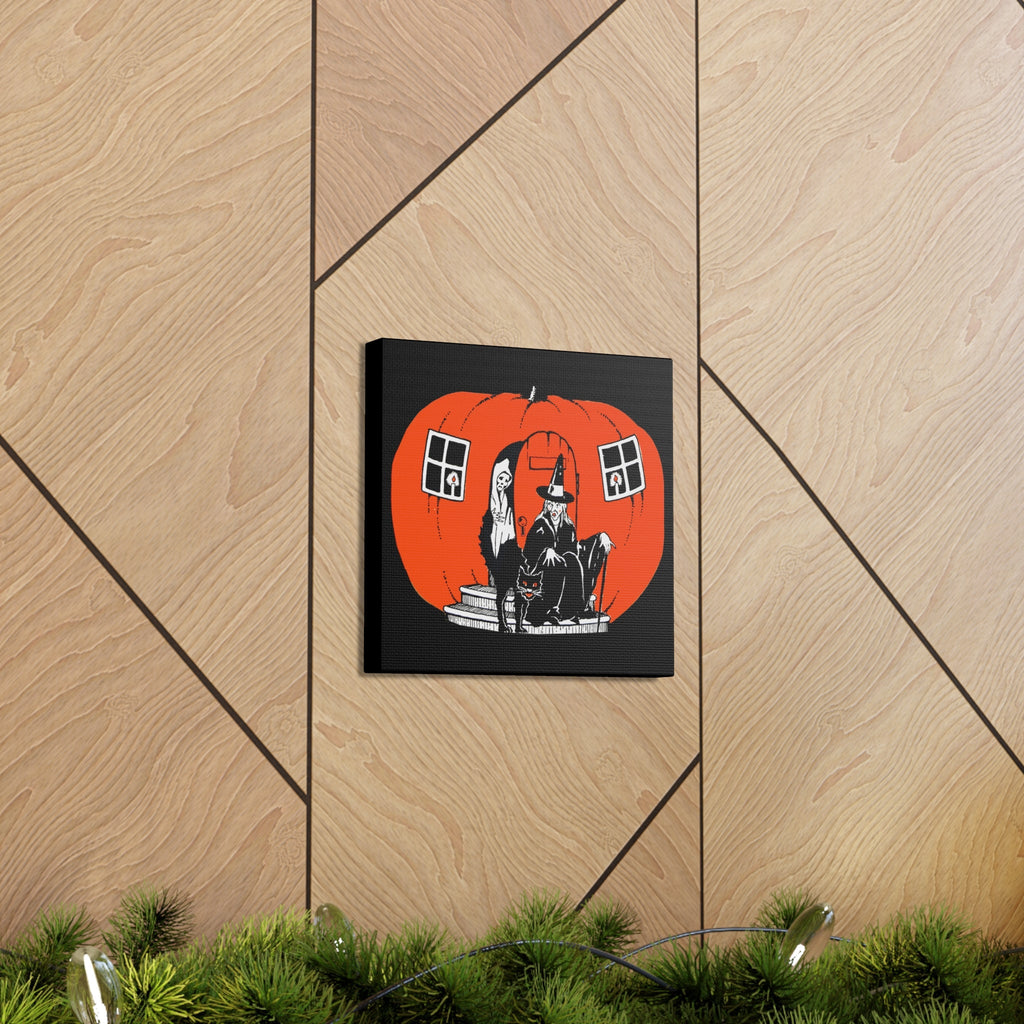 Pumpkin House Witch Black Cat Retro Halloween Decor Print Canvas Gallery Wrap