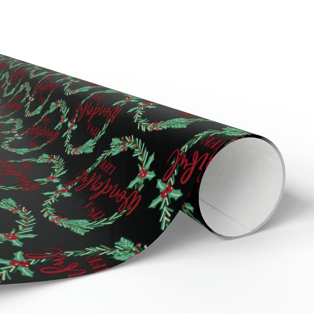 It's A Wonderful Life Christmas Wreath Black Retro Style Holiday Gift Wrap Paper - Glossy Or Matte