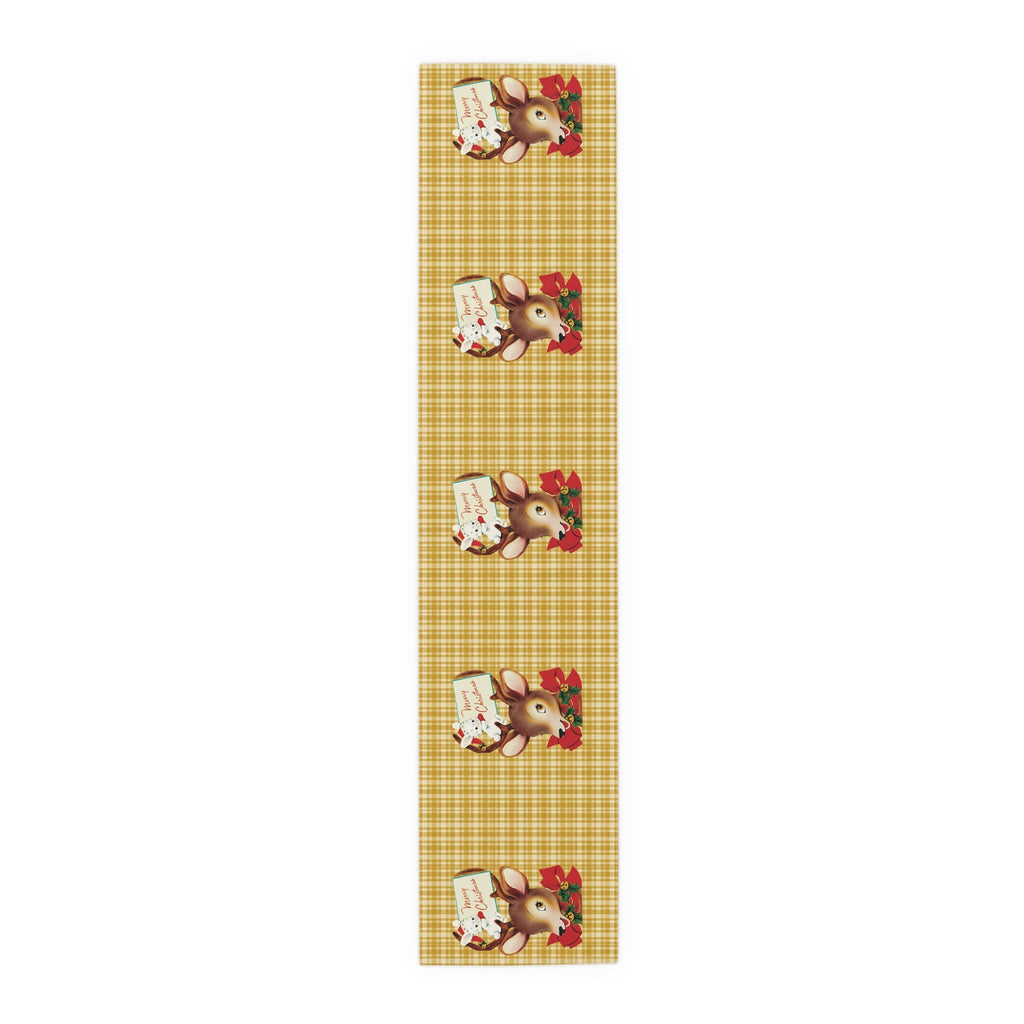 Merry Christmas Reindeer Bunny Yellow Plaid Retro Christmas Print Home Decor Cotton Poly Table Runner