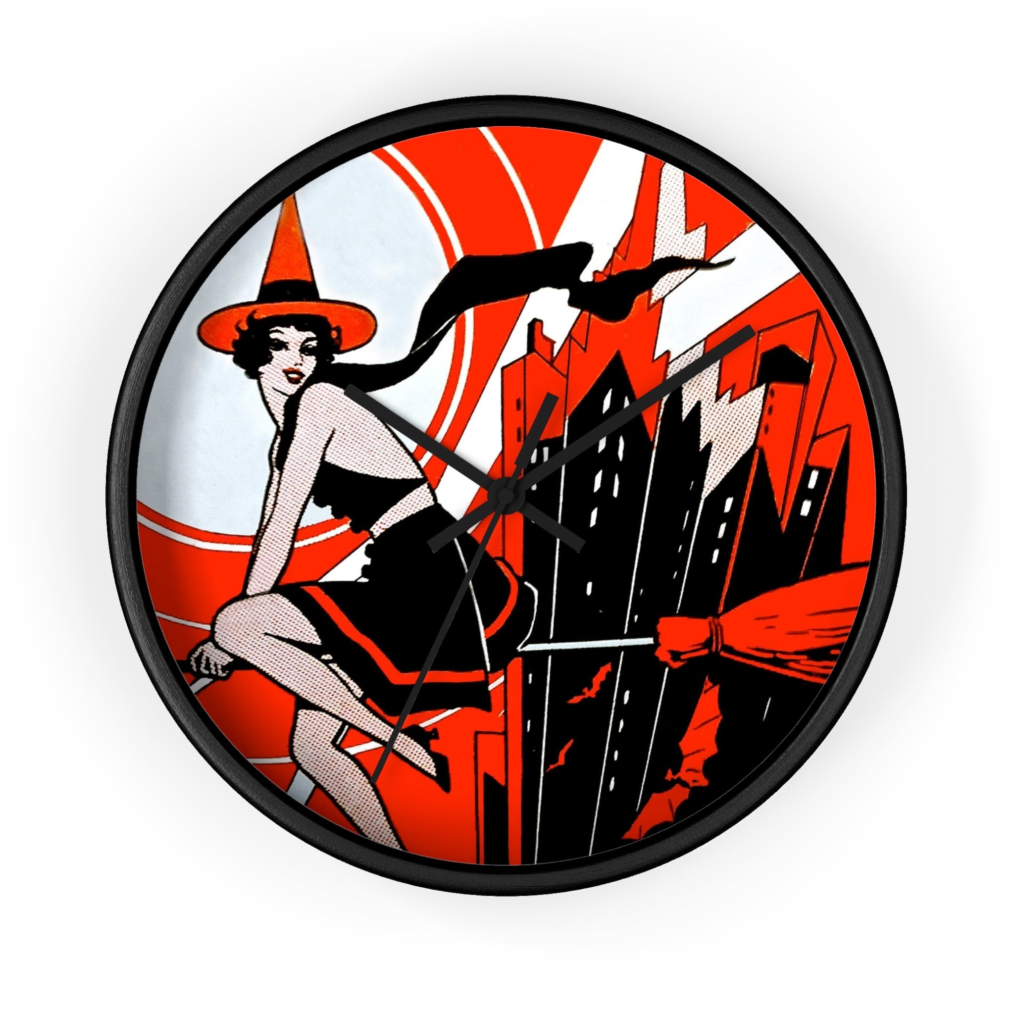 Flapper Witch Retro Deco Halloween Print Black Wall Clock
