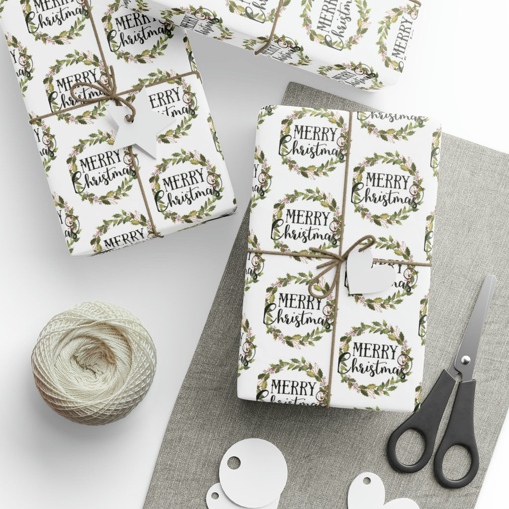 Merry Christmas Wreath Retro Style Christmas Print Holiday Gift Wrap Paper - Glossy Or Matte