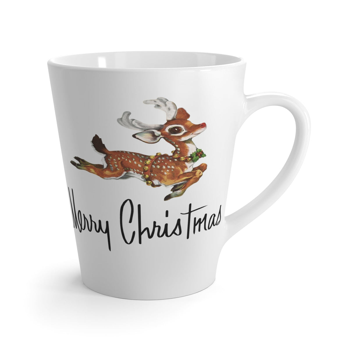Merry Christmas Leaping Reindeer Mid Century Retro Christmas Print Latte Mug