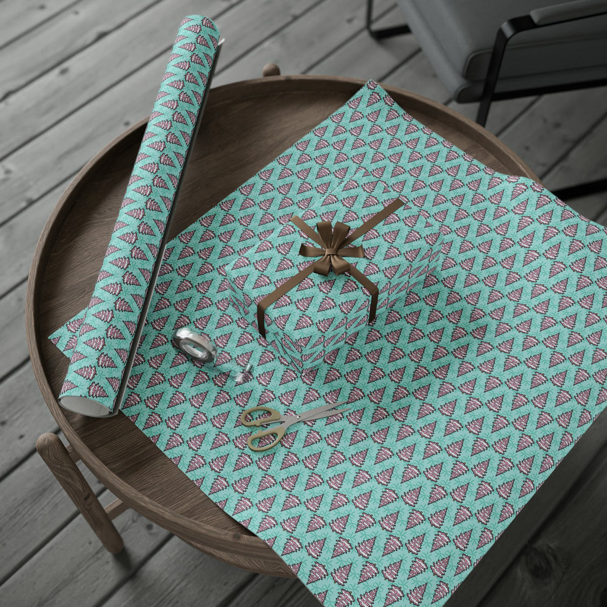 Pastel Pink Christmas Trees Teal Christmas Print Holiday Gift Wrap Paper - Glossy Or Matte
